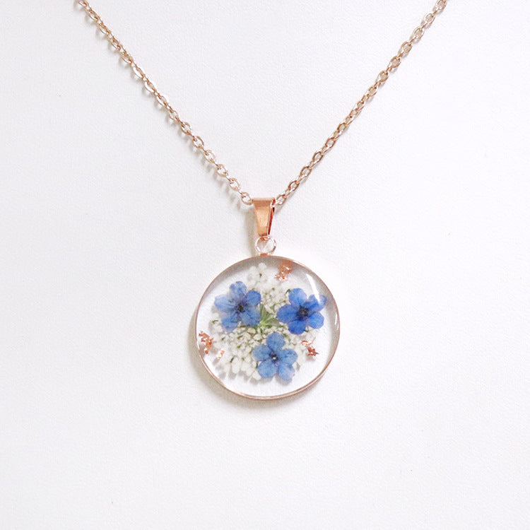 Wholesale new 6pcs/pack rose gold forget-me-not pendant real flower dried flower jewelry transparent resin crafts high-grade necklace